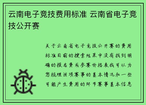 云南电子竞技费用标准 云南省电子竞技公开赛
